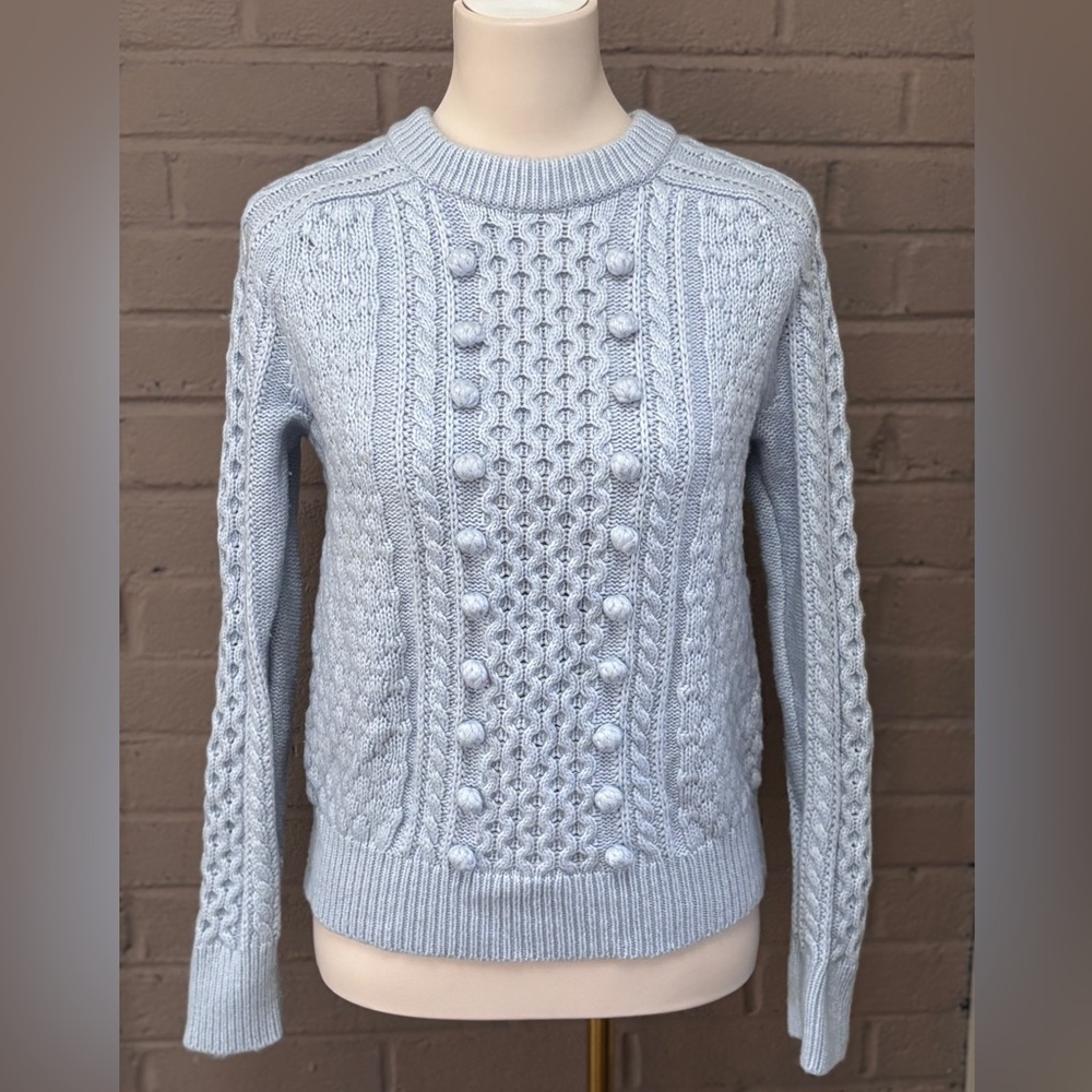 J. Crew Soft Blue cable knit pom pom sweater S